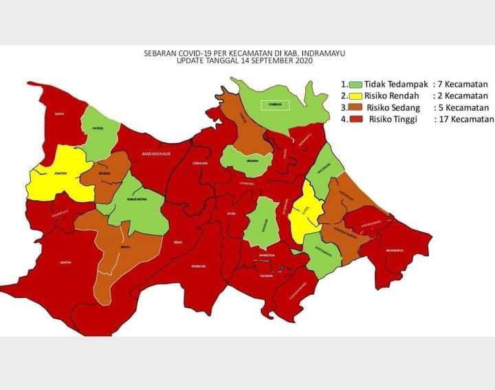 Sebanyak 17 Kecamatan di Kabupaten Indramayu masuk kategori zona merah atau risiko tinggi penyebaran Covid-19.